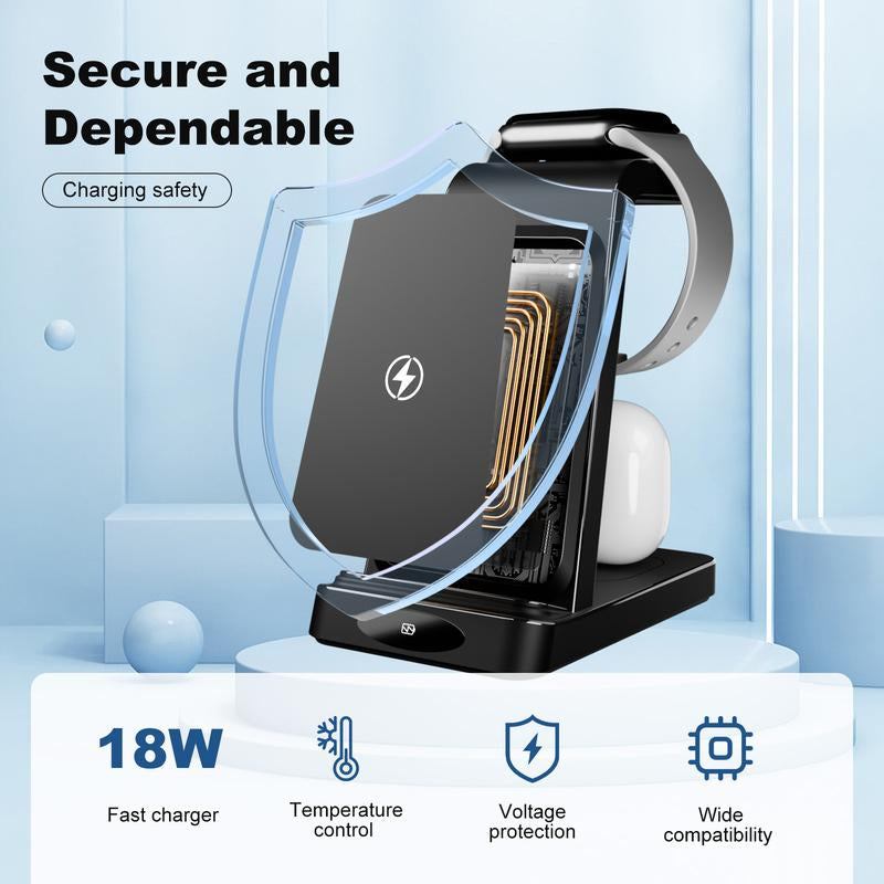 3-In-1 Wireless Charger: Fast, Portable, Safe Electronic Charging for Cellphone Smartphone, Apple Watch & Airpods