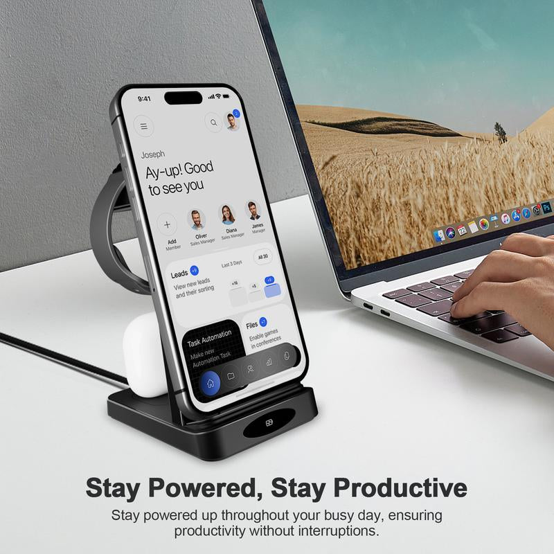 3-In-1 Wireless Charger: Fast, Portable, Safe Electronic Charging for Cellphone Smartphone, Apple Watch & Airpods