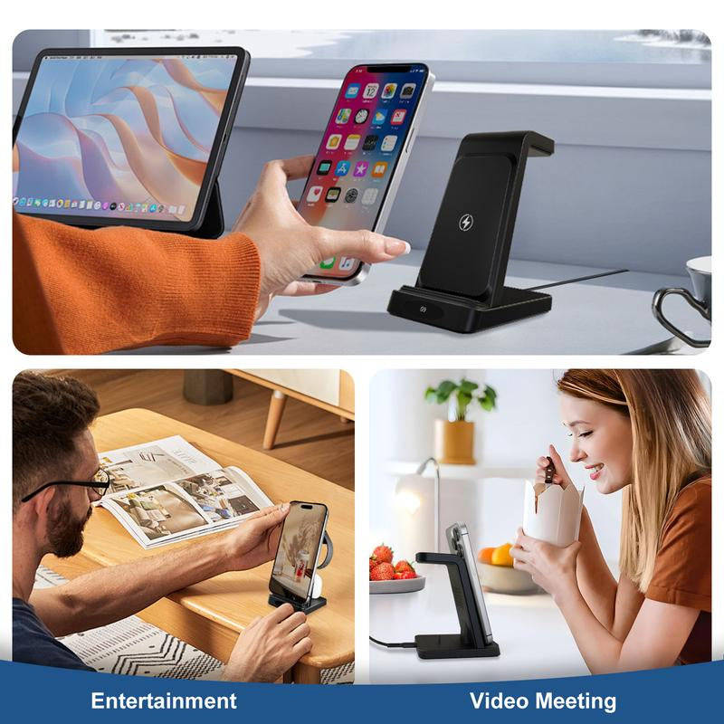 3-In-1 Wireless Charger: Fast, Portable, Safe Electronic Charging for Cellphone Smartphone, Apple Watch & Airpods