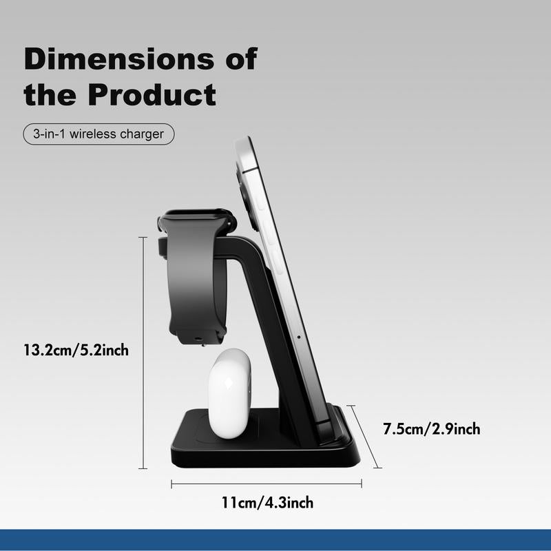 3-In-1 Wireless Charger: Fast, Portable, Safe Electronic Charging for Cellphone Smartphone, Apple Watch & Airpods